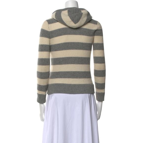 VINCE Cashmere Striped Hooded Full Zip Sweater - M Grey/Cream - Picture 4 of 4